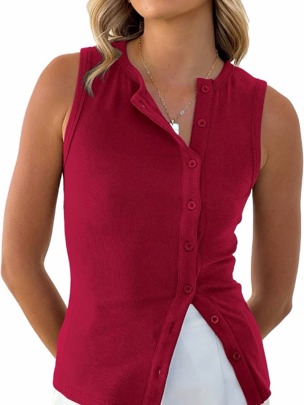 Burgundy Ribbed Asymmetric Button Down Ribbed Tank Top
